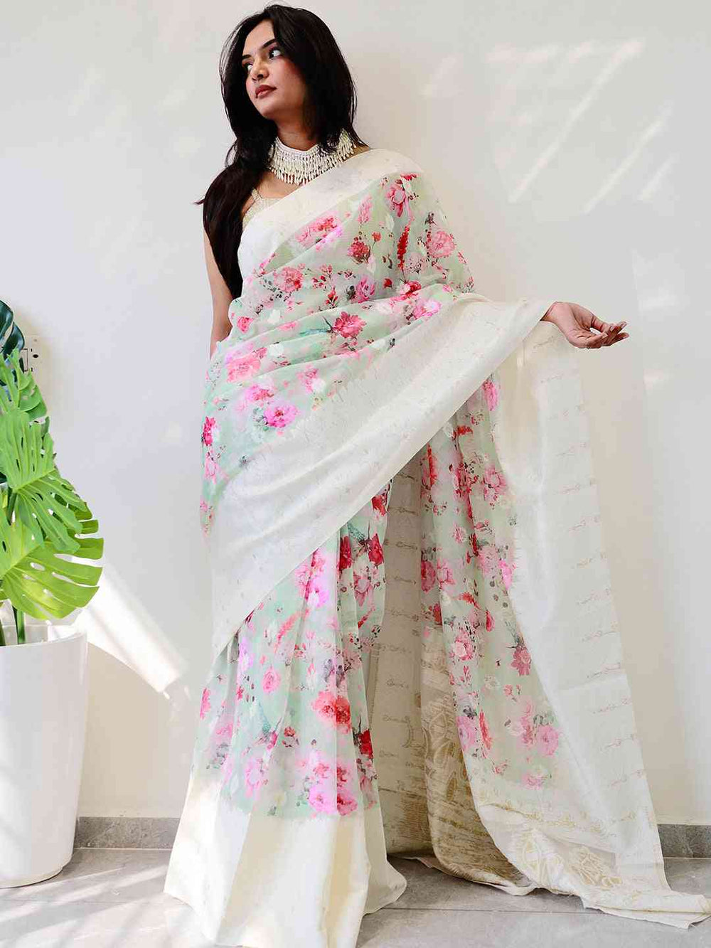 Multi Colour Digital Print Bollywood Saree with floral design