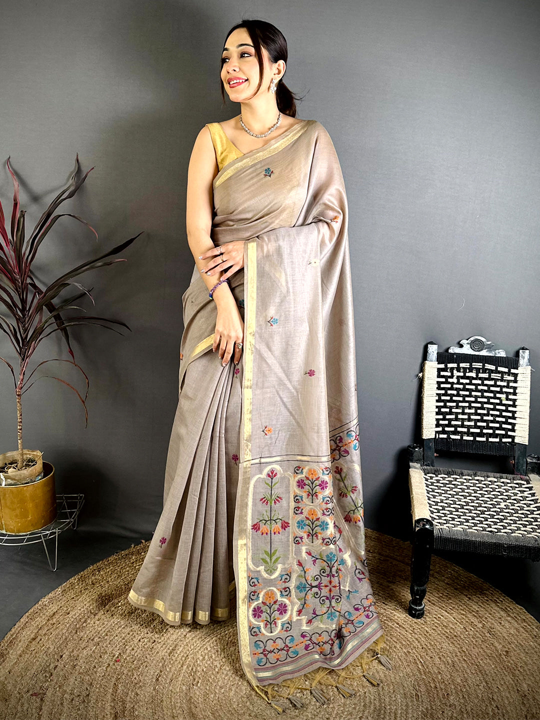 Cream Minakari Khadi Cotton Saree