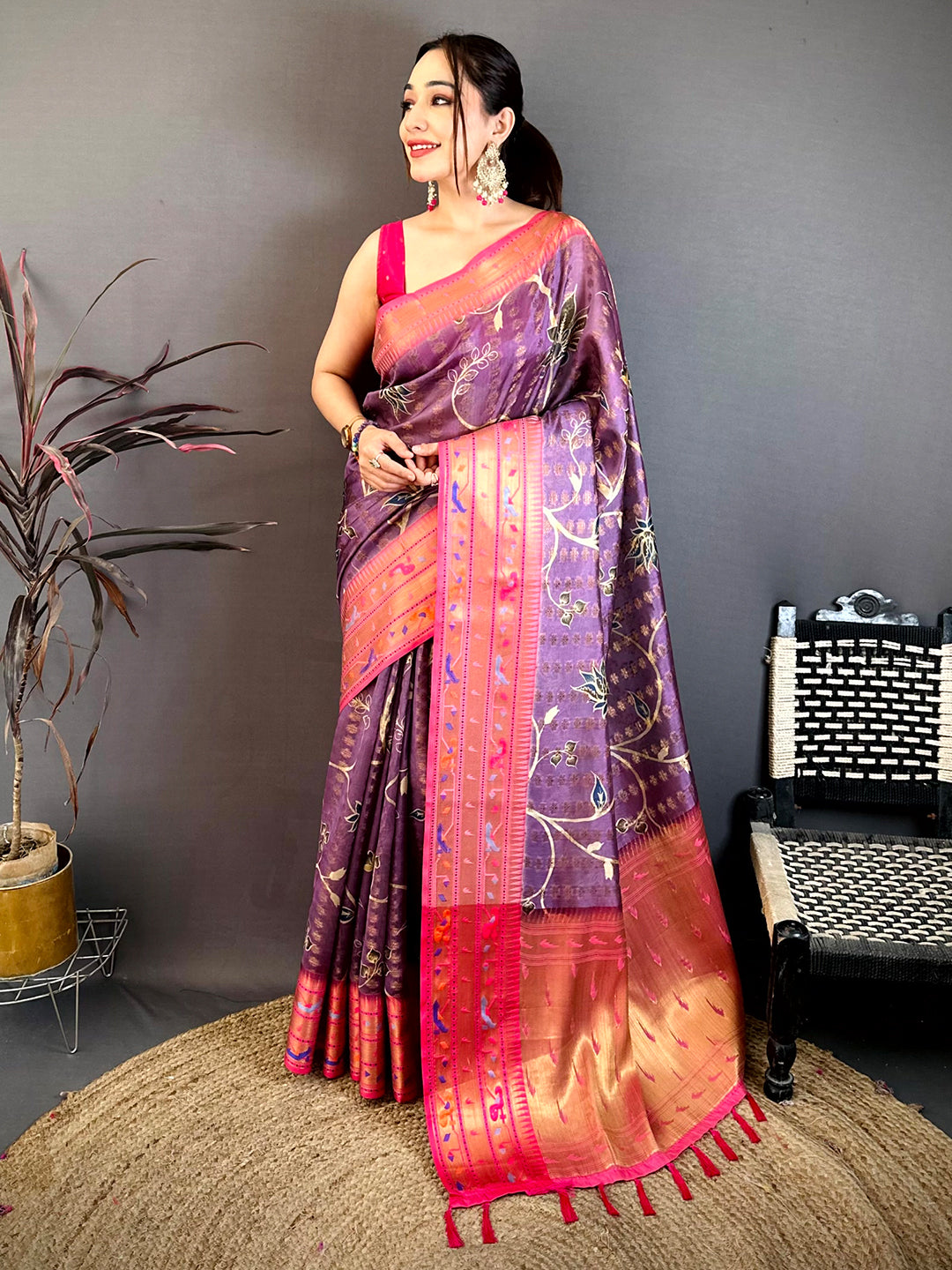 Purple Paithani Border Kora Tissue Saree