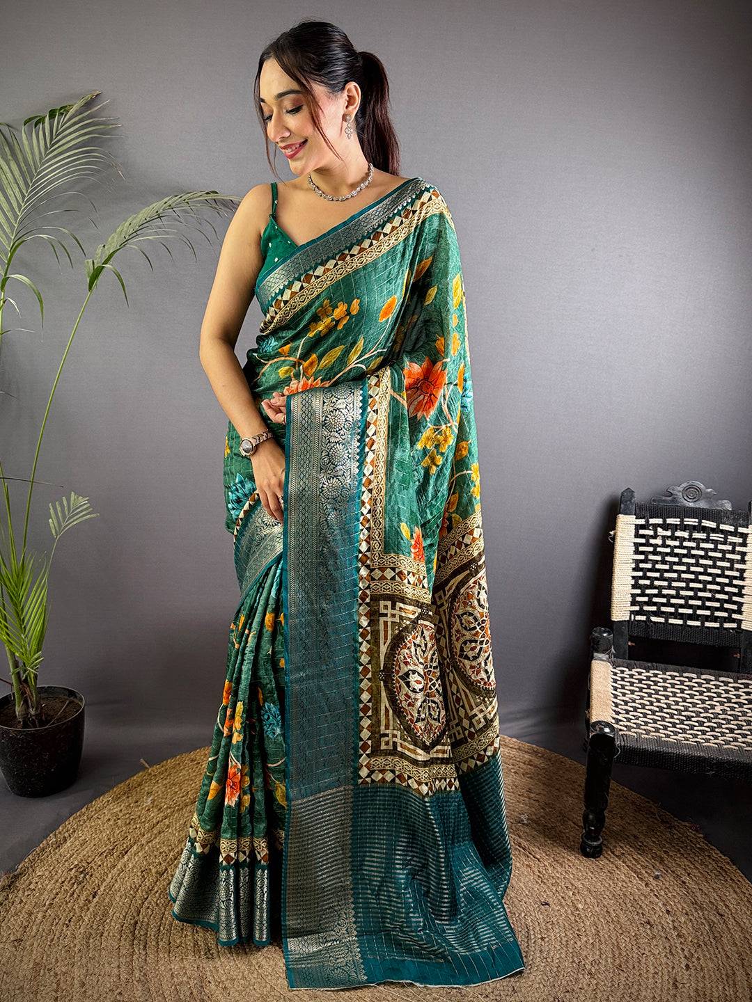 Teal Pure Viscose Floral Printed Saree