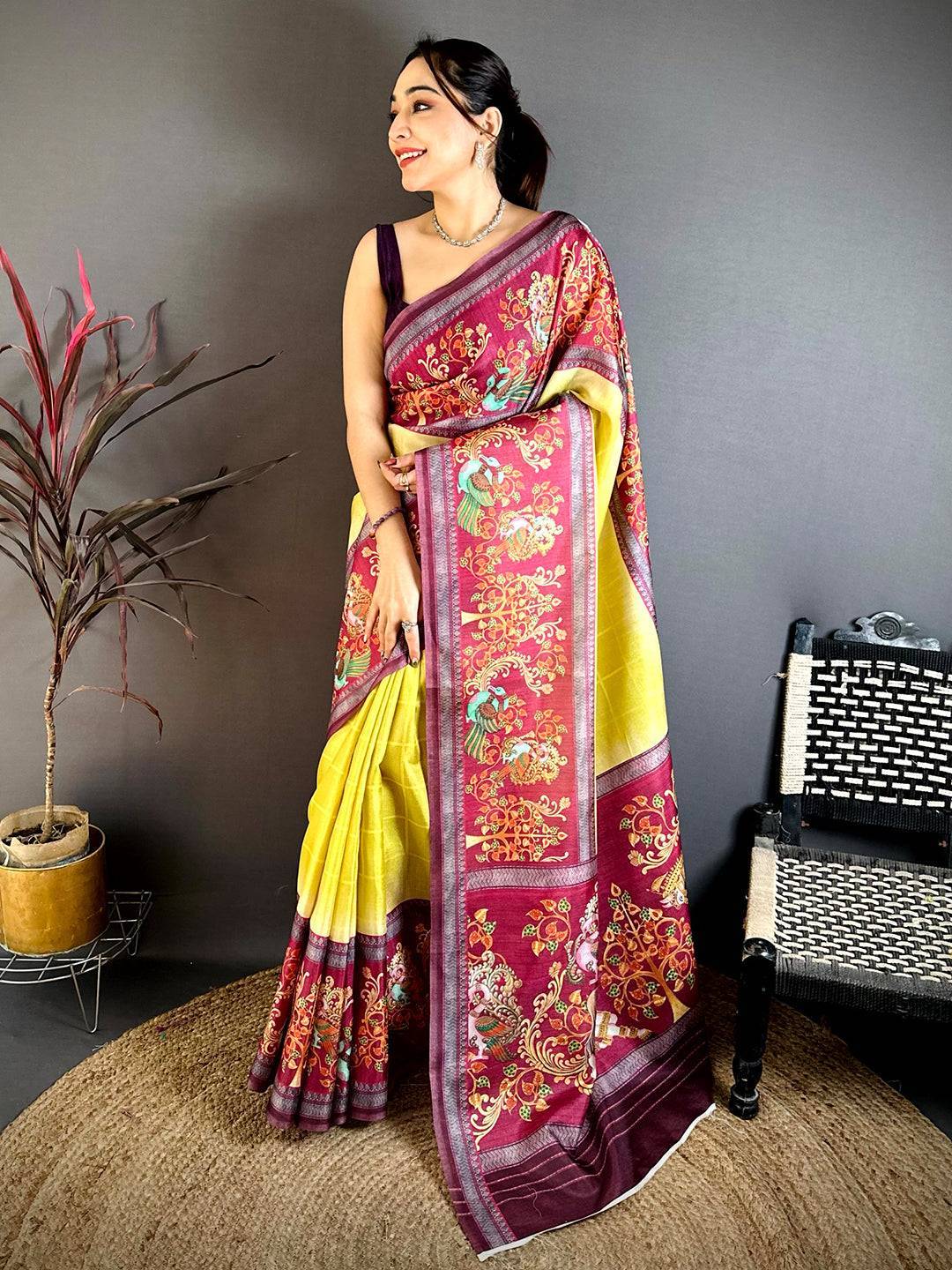 Mustard Yellow Pen Kalamkari Saree