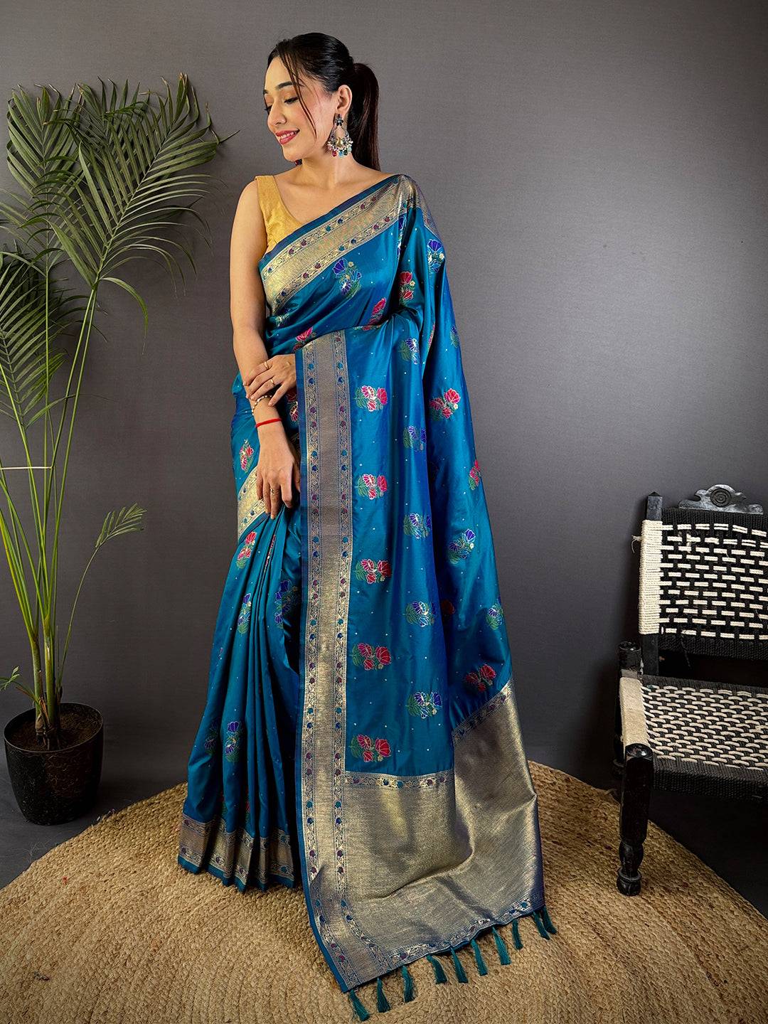 Sky Soft Silk Flowerport Minakari Saree

