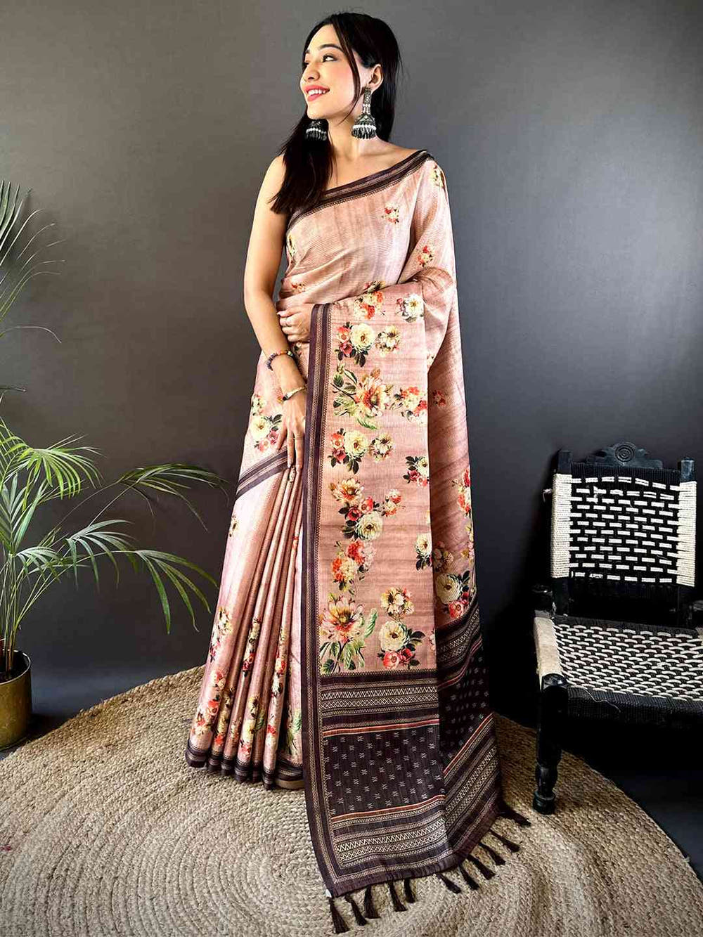 Floral Beauty in Blush Pink Tussar Zari Saree