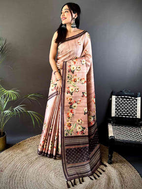 Floral Beauty in Blush Pink Tussar Zari Saree