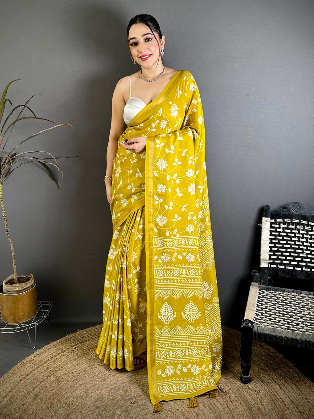 Mustard Leaf Printed Mul Cotton Saree