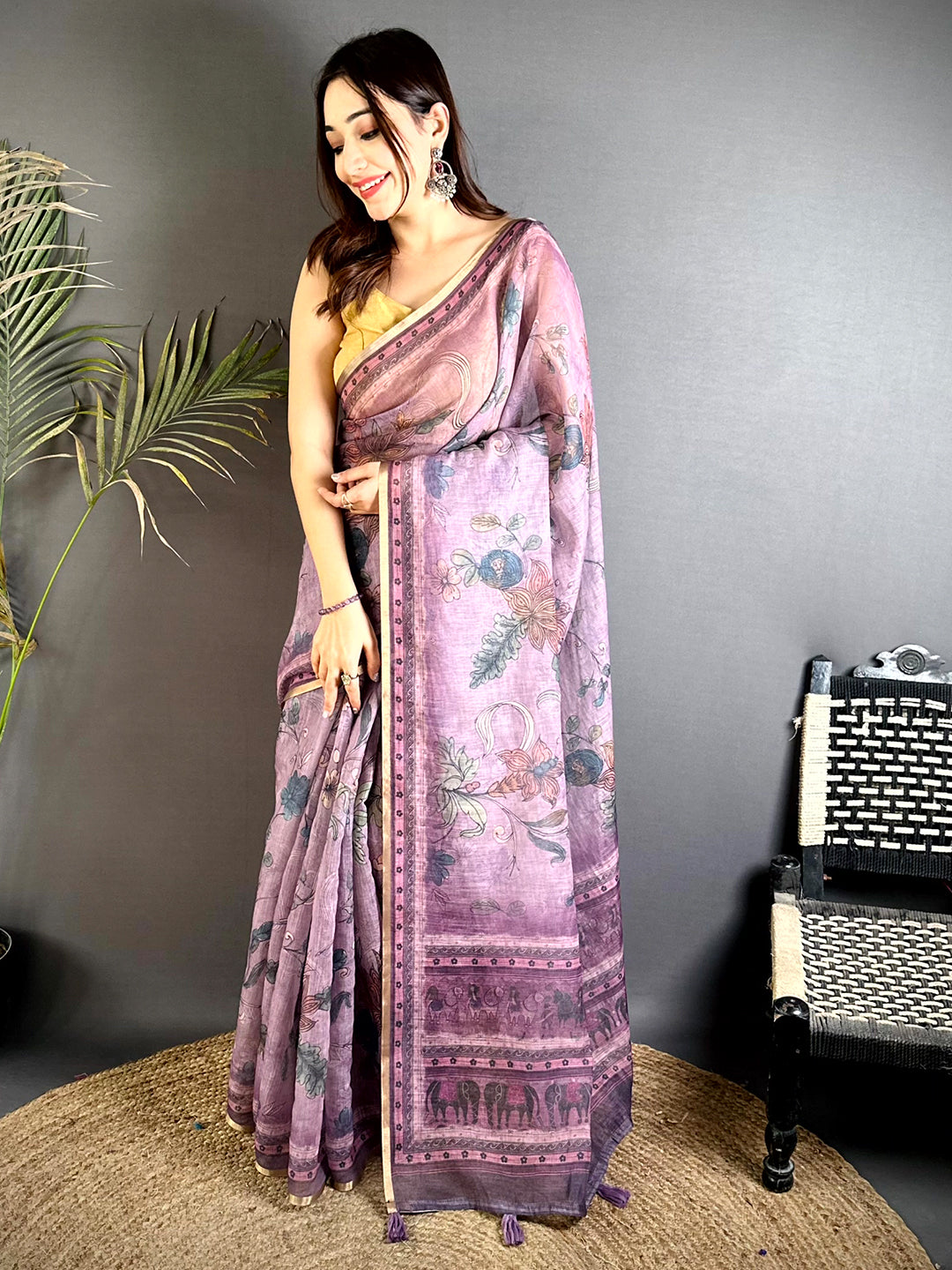 Artistic Dark Floral Linen Saree