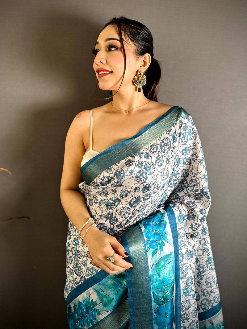 Elegant Sky Blue Ajrakh Print Tussar Saree