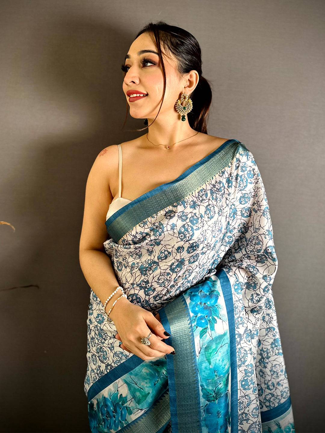Elegant Sky Blue Ajrakh Print Tussar Saree