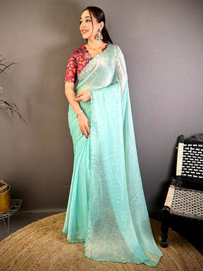 Elegant Aqua Resham Work Chiffon Saree