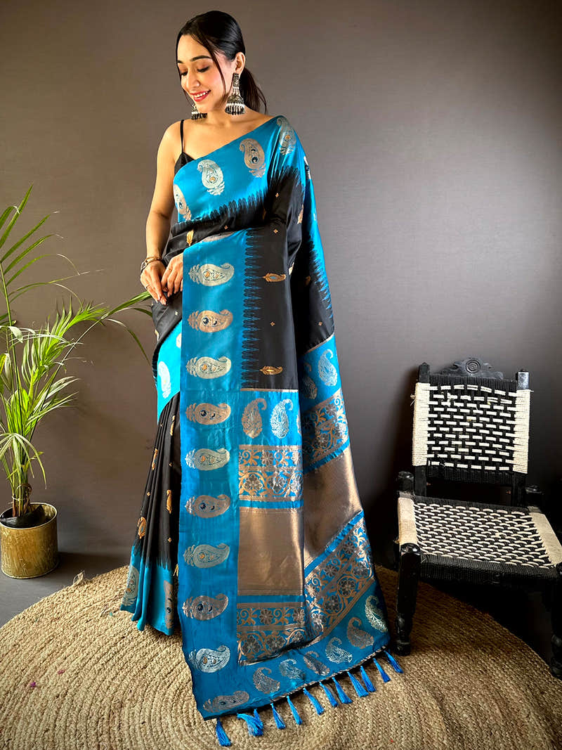 Black Mango Butti Soft Silk Saree With Maggam Blouse