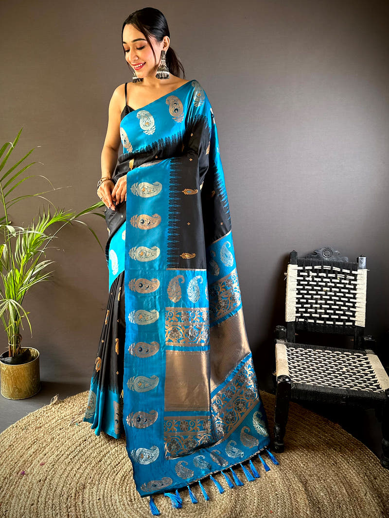Black Mango Butti Soft Silk Saree With Maggam Blouse