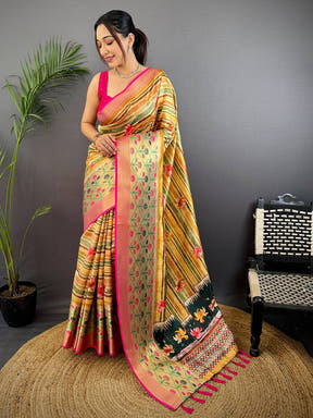 Yellow Freehand Digital Print Soft Silk Saree