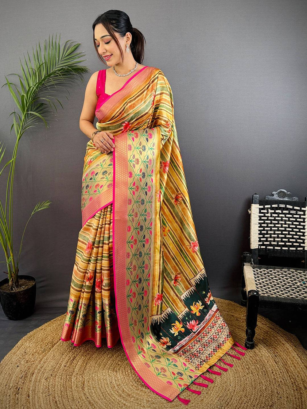 Yellow Freehand Digital Print Soft Silk Saree