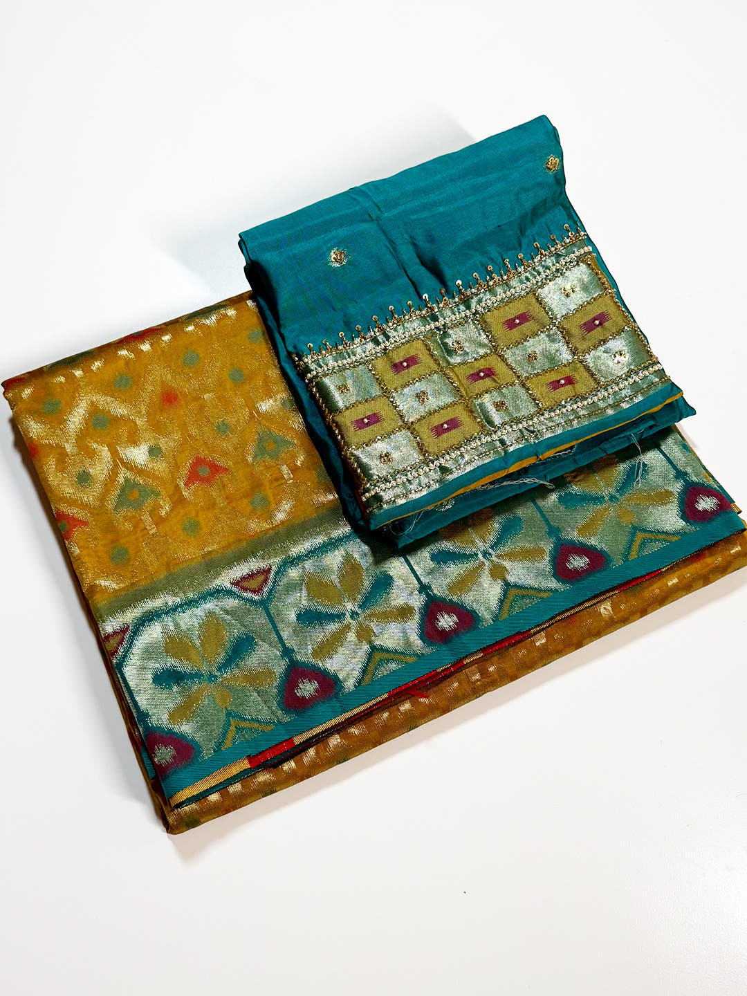 Opulent Gold Ikkat Soft Silk Saree With Maggam Blouse