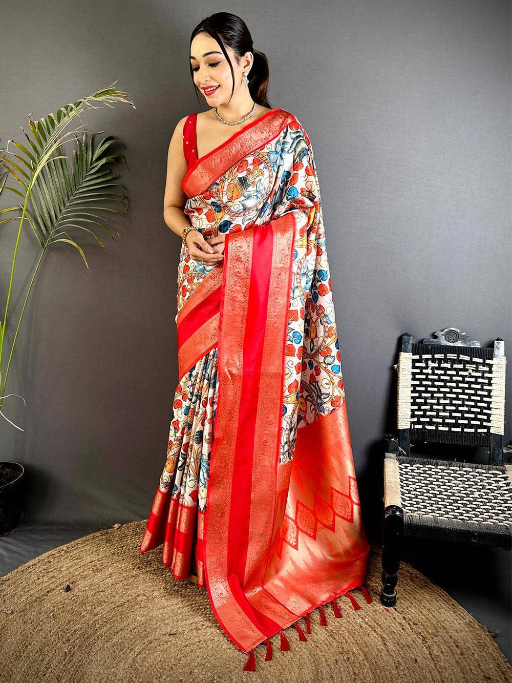 Cream Fish Kalamkari Gadwal Saree

