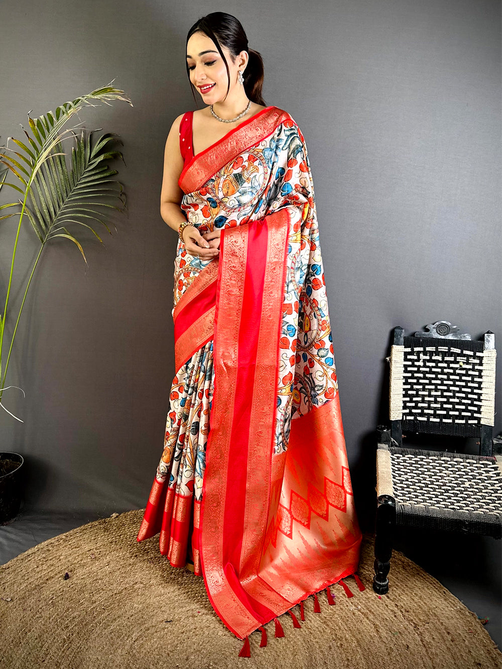 Cream Fish Kalamkari Gadwal Saree