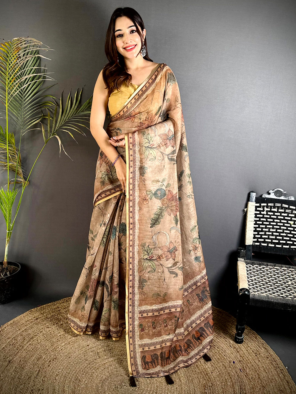 Stylish Dark Floral Linen Saree