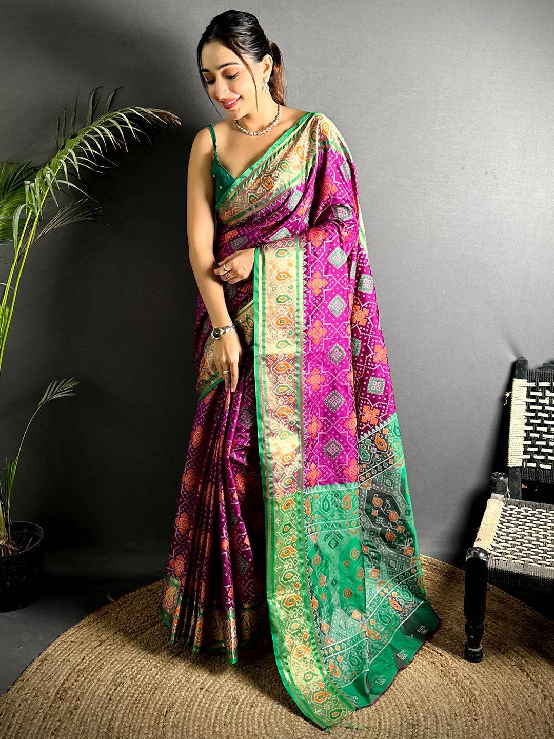 Wine Soft Silk Saree With Patola Weaving

