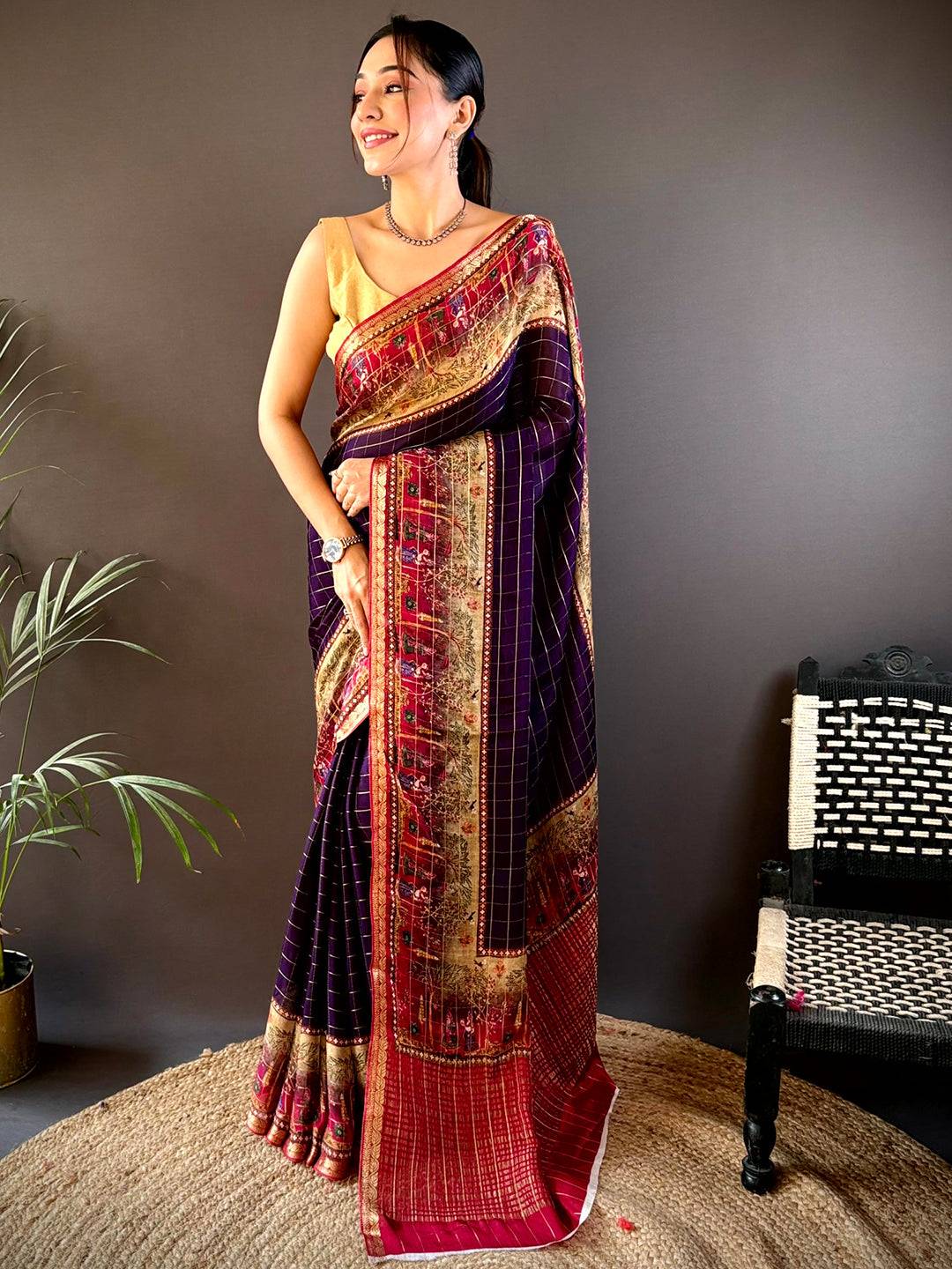 Indigo Chinnon Chiffon Kalamkari Saree