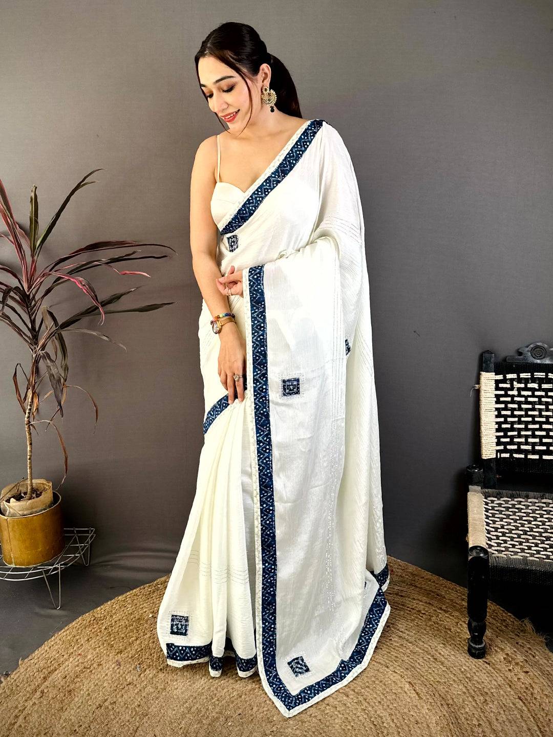 Navy Bandhej Butta Chiffon Saree