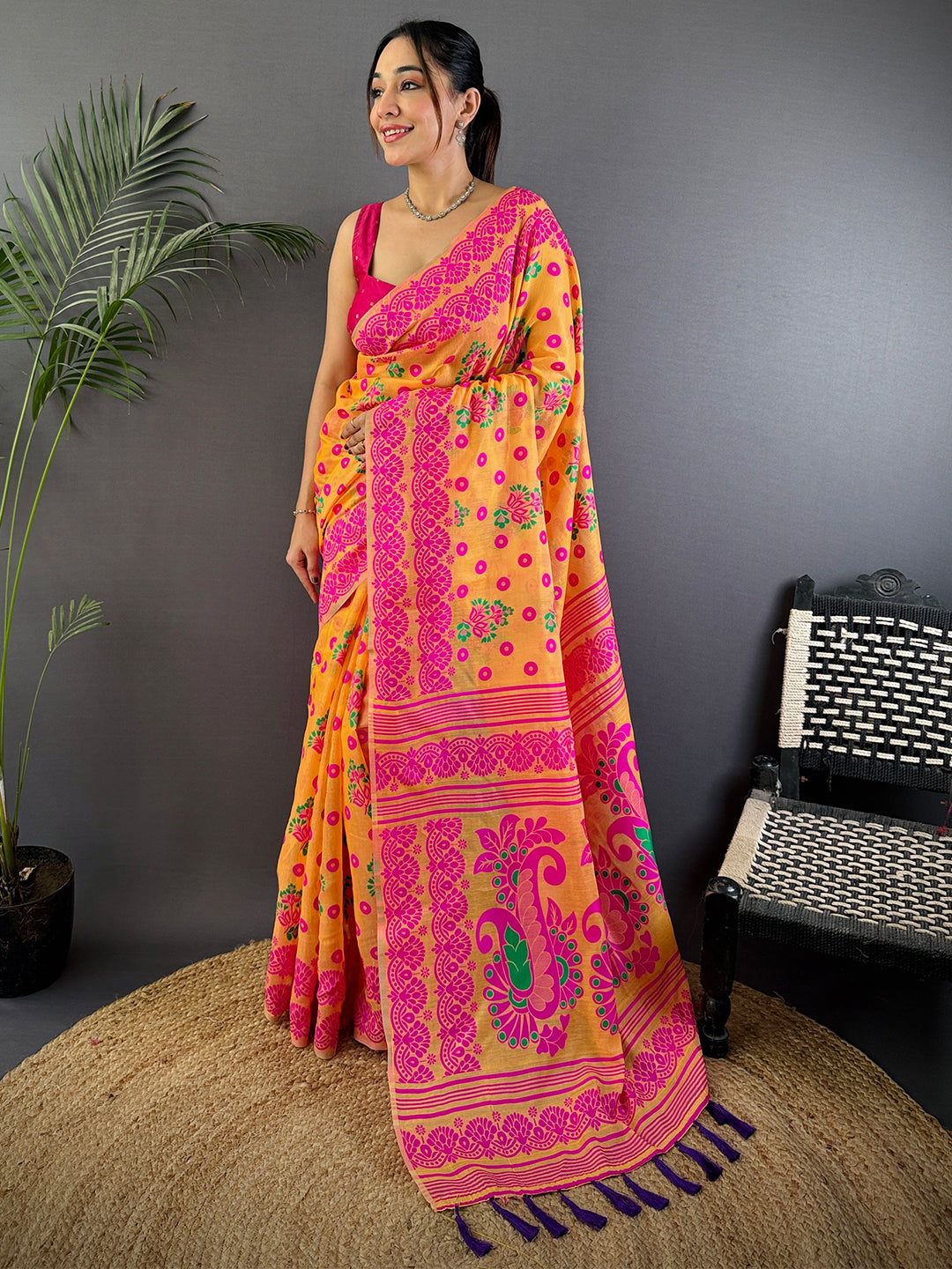 Mustard Dhakai Jamdani Cotton Silk Saree