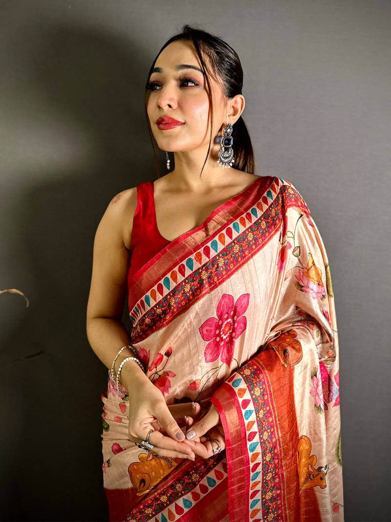 Stylish Ghicha Silk Printed Tussar Saree