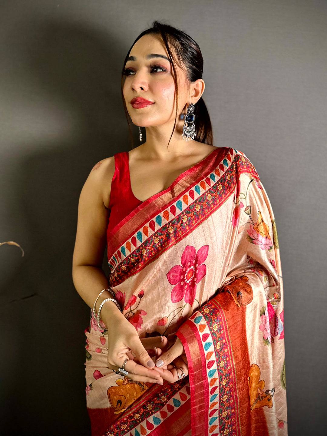 Stylish Ghicha Silk Printed Tussar Saree