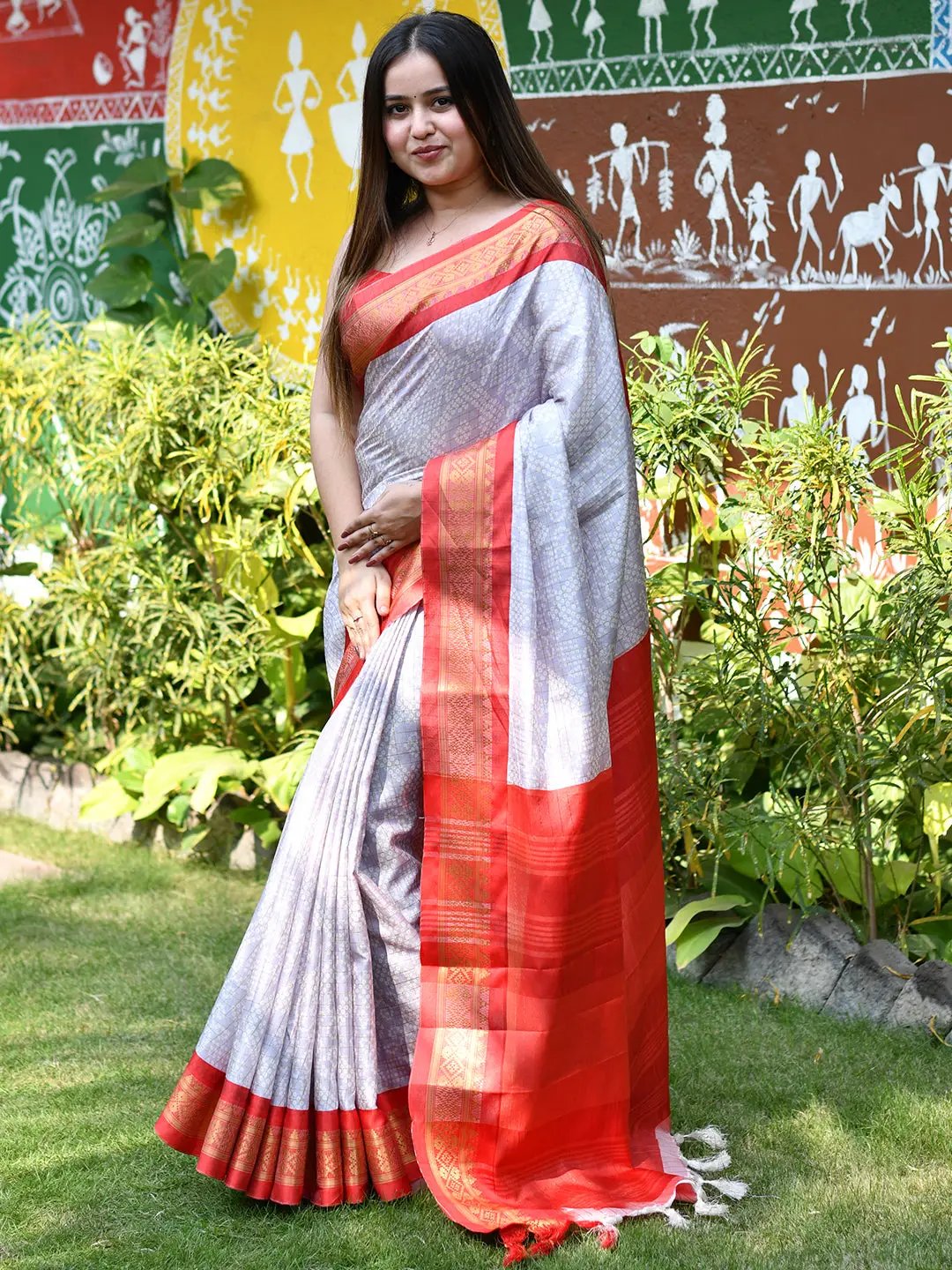 Elegant Bandhej print saree in soft silk with red border