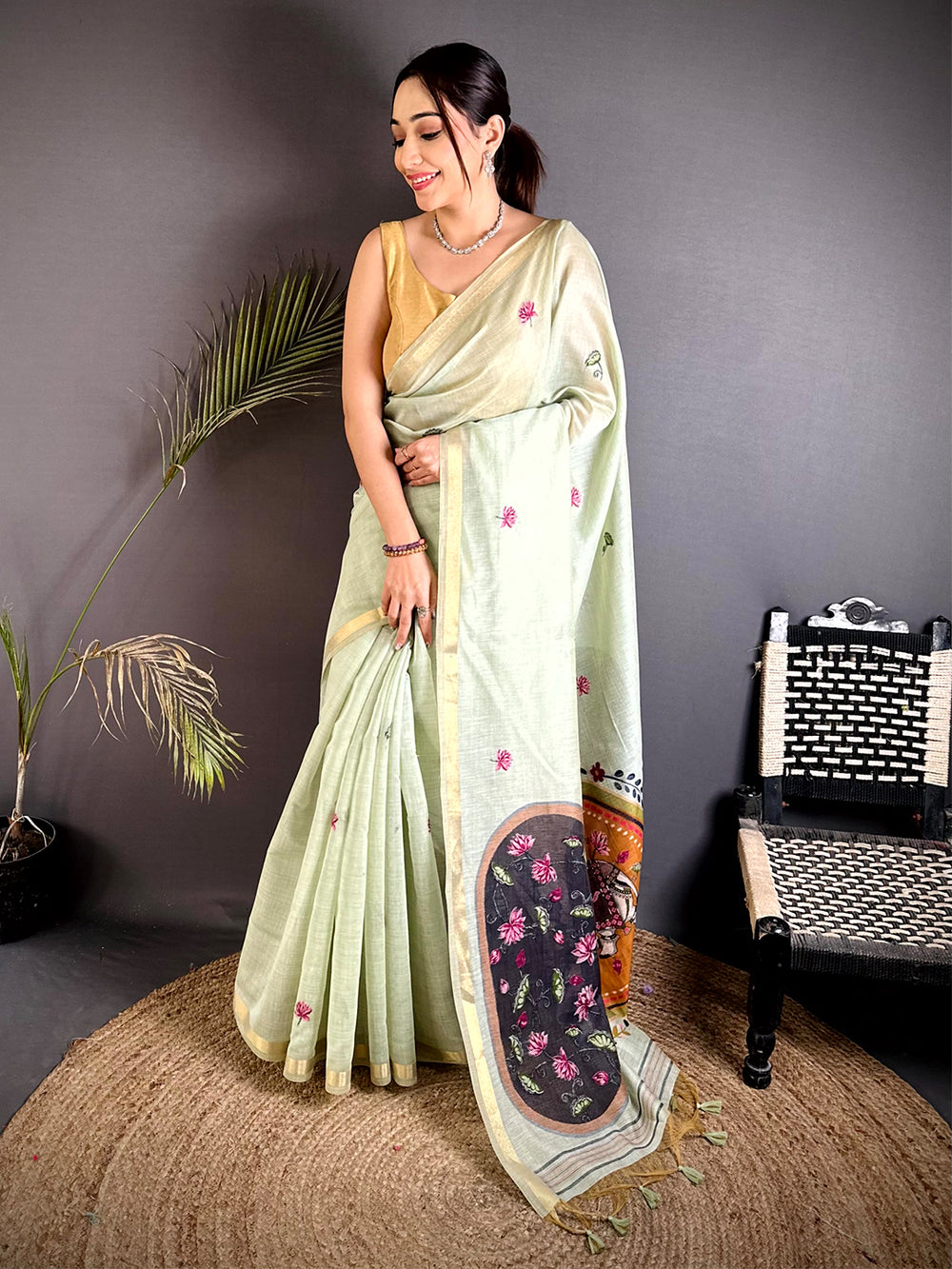 Classic Pichwai Resham Work Linen Saree