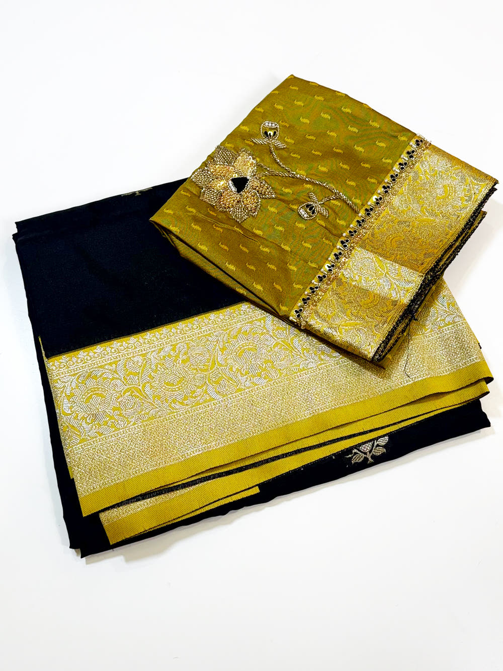 Black Gadwal Weave Soft Silk Saree With Maggam Blouse
