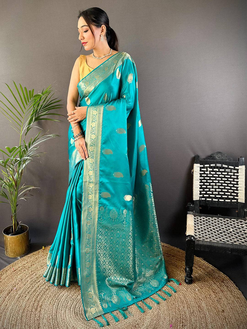 Aqua Banarasi Soft Satin Masru Mango Silk Saree