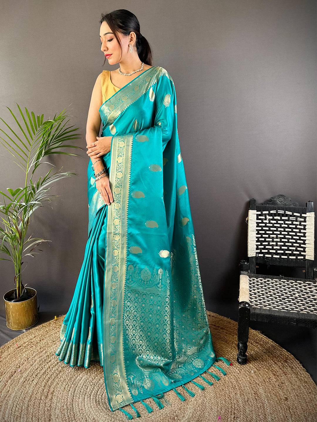 Aqua Banarasi Soft Satin Masru Mango Silk Saree