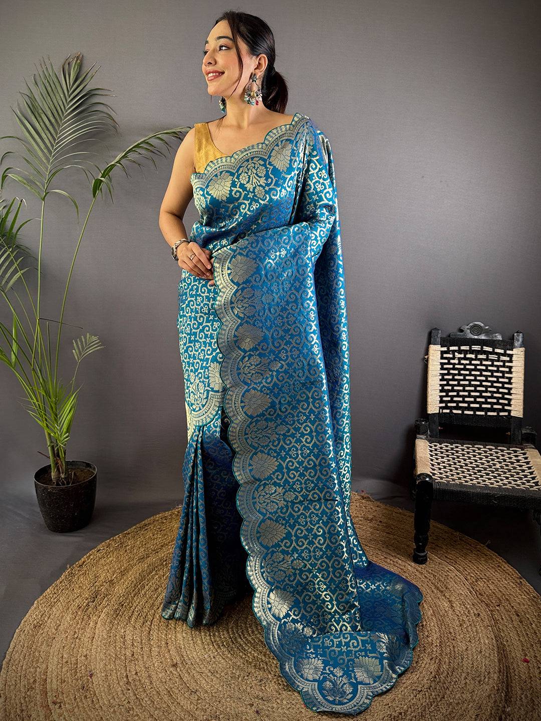Golden Banarasi Soft Silk Cutwork Saree