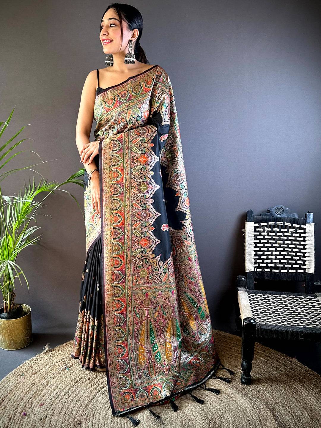 Black Ethnic Motif Silk Blend Saree With Maggam Blouse