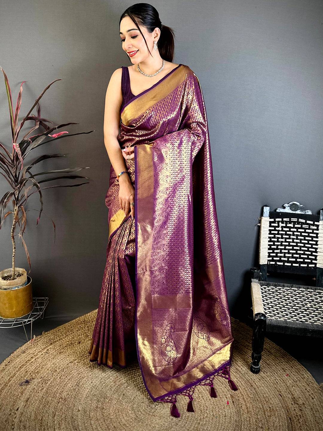 Radiant Wine Kanjivaram Zari Silk Saree