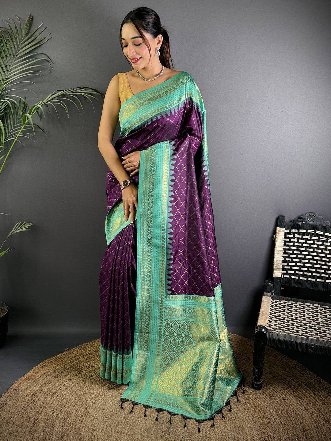 Wine Gold Zari Chex Soft Silk Saree

