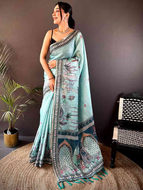Sky Blue Tussar Floral Leaf Print Saree