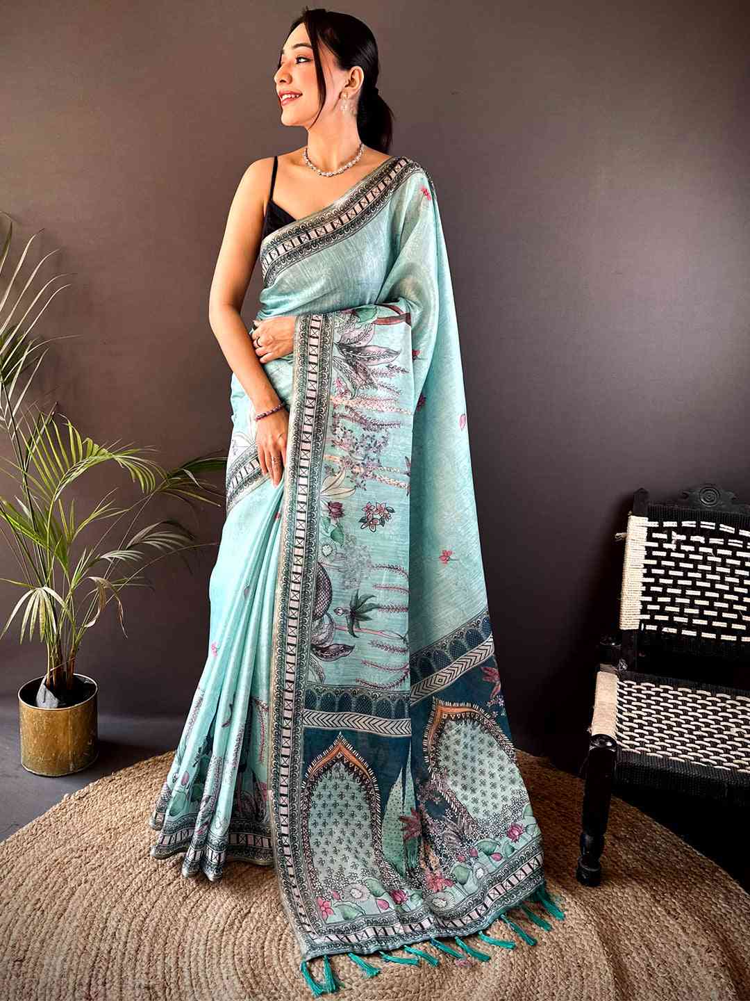 Sky Blue Tussar Floral Leaf Print Saree
