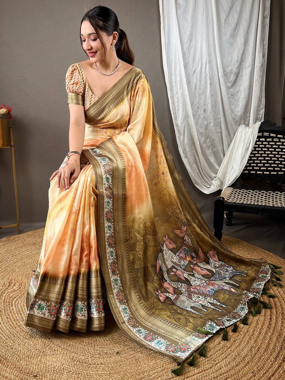 Mellow Yellow Kota Saree showcasing detailed satin border