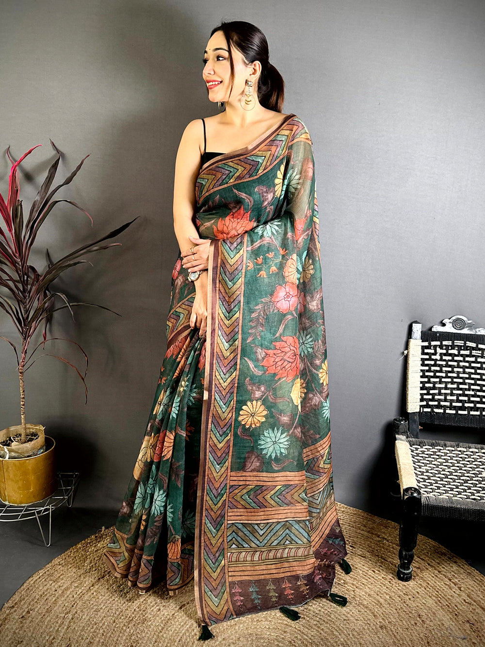 Green Kalamkari Linen Chanderi Saree