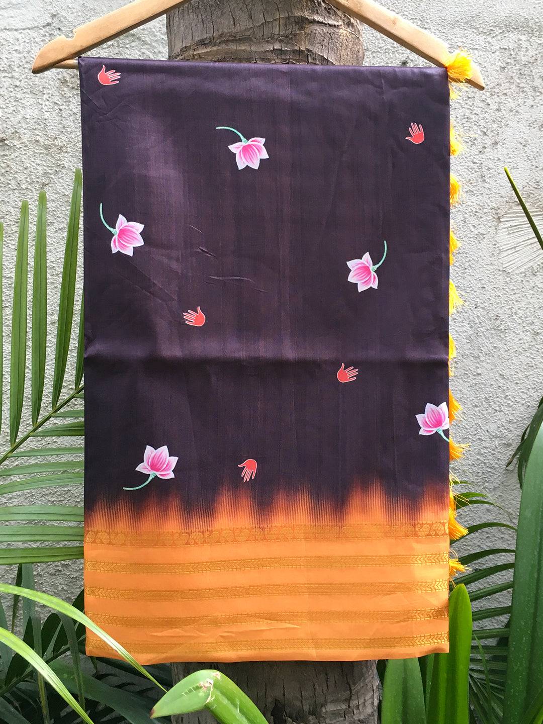Lotus Print Wine Silk Saree with Zari border