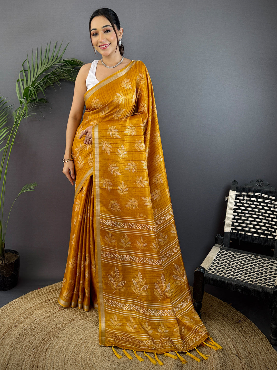 Mustard Leaf Print Ghicha Handloom Saree