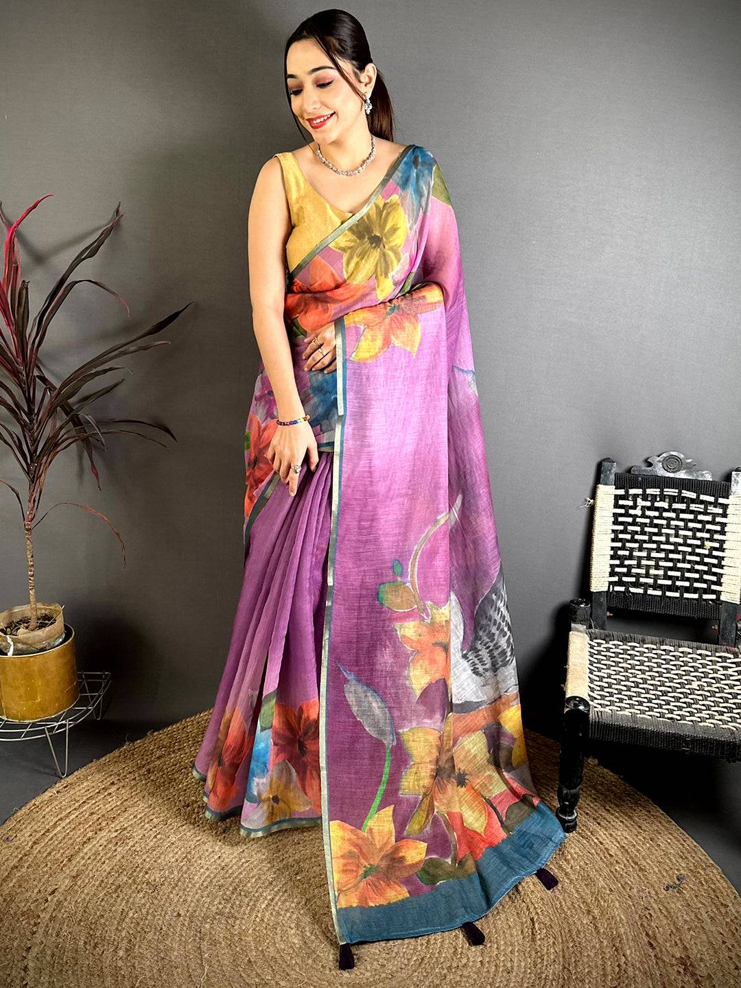 Majestic Kalamkari Linen Chanderi Saree



