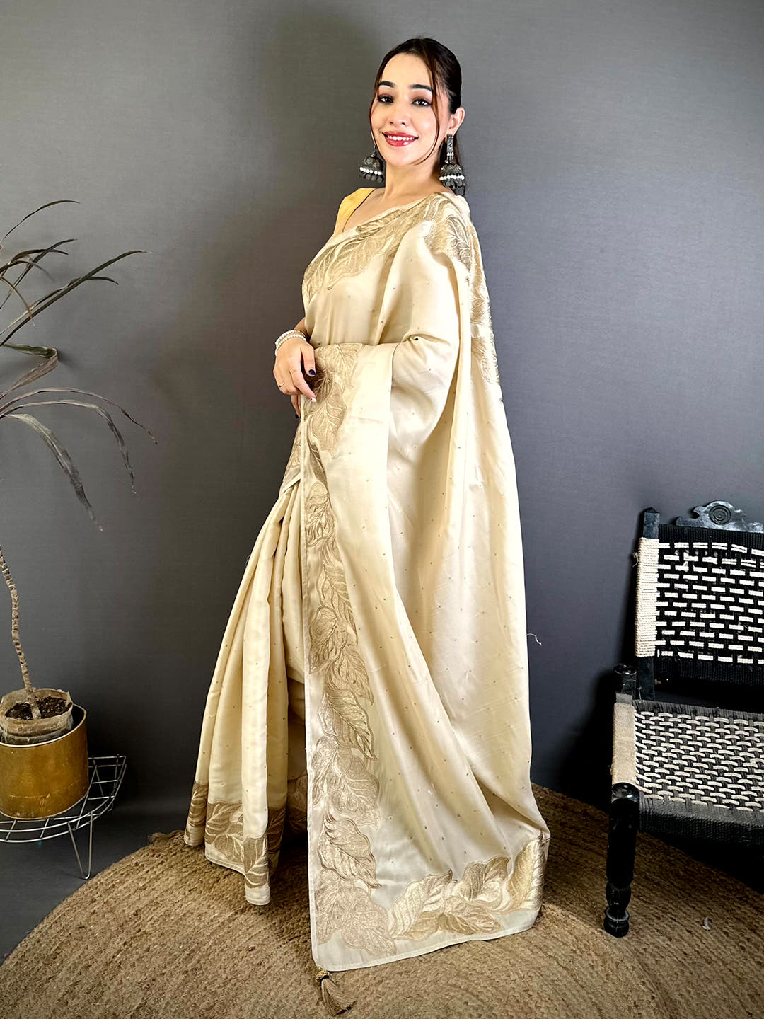 White Soft Cherry Satin Zari Embroidery Saree