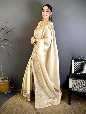 White Soft Cherry Satin Zari Embroidery Saree
