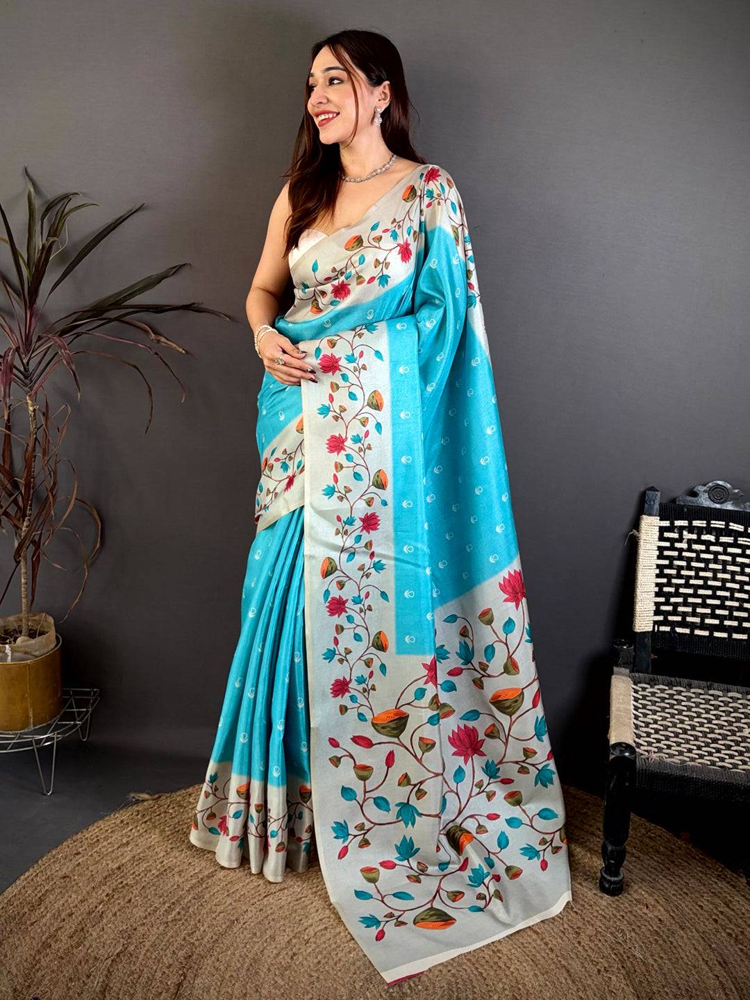 Sky Blue Soft Tussar Pichwai Print Saree