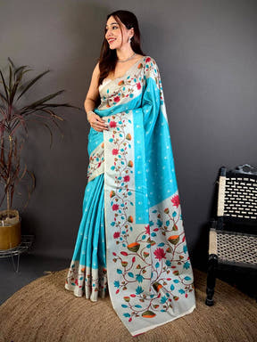 Sky Blue Soft Tussar Pichwai Print Saree