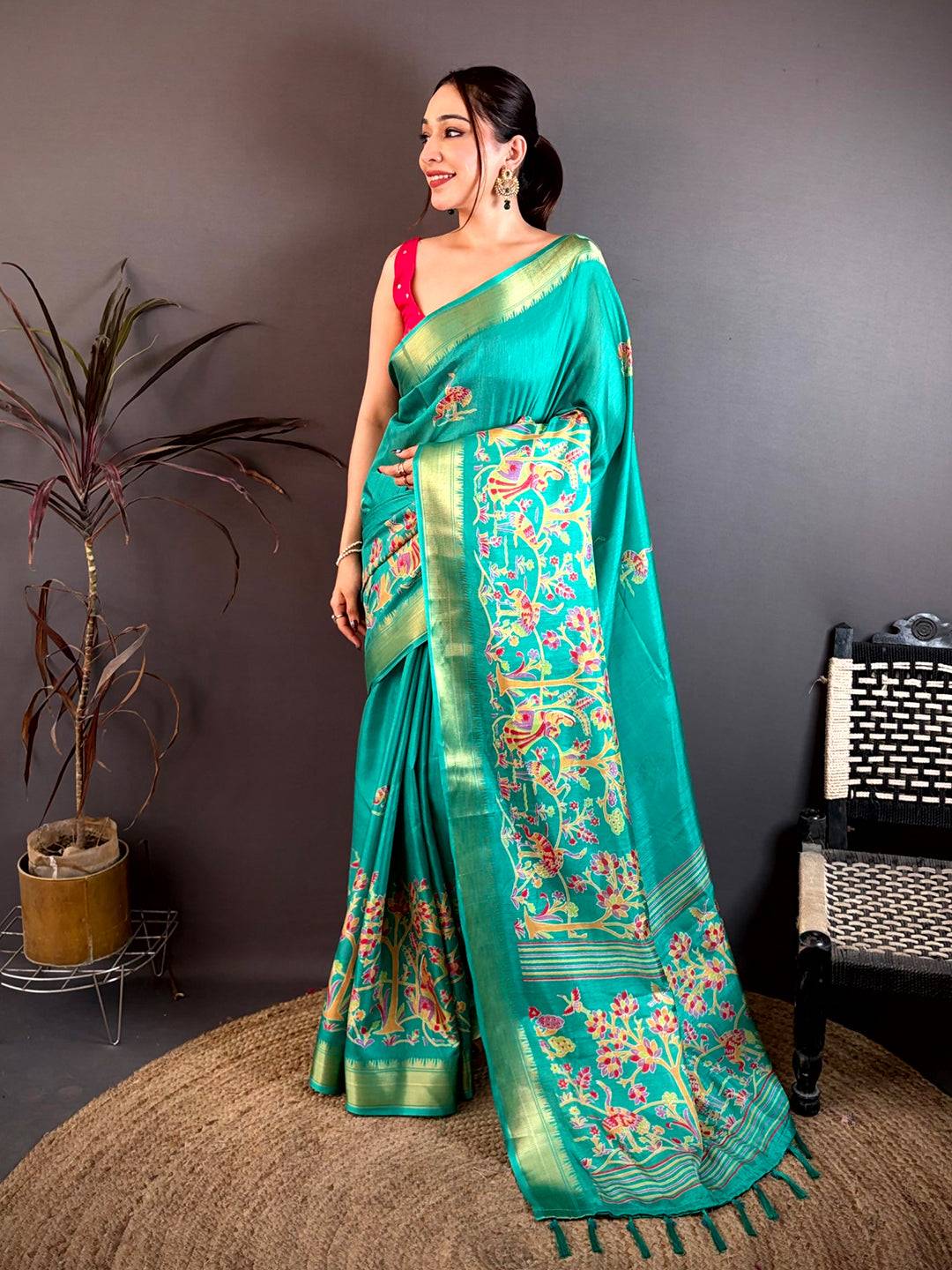 Dark Turquoise Shade Printed Dola Silk Saree

