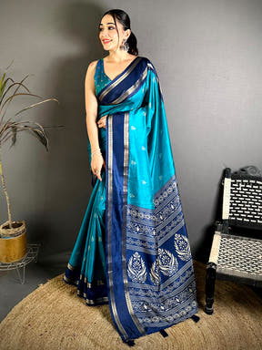Teal Soft Dola Block Print Pallu Saree