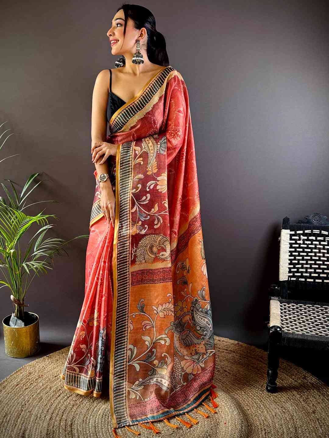 Rose Red Floral Chanderi Saree